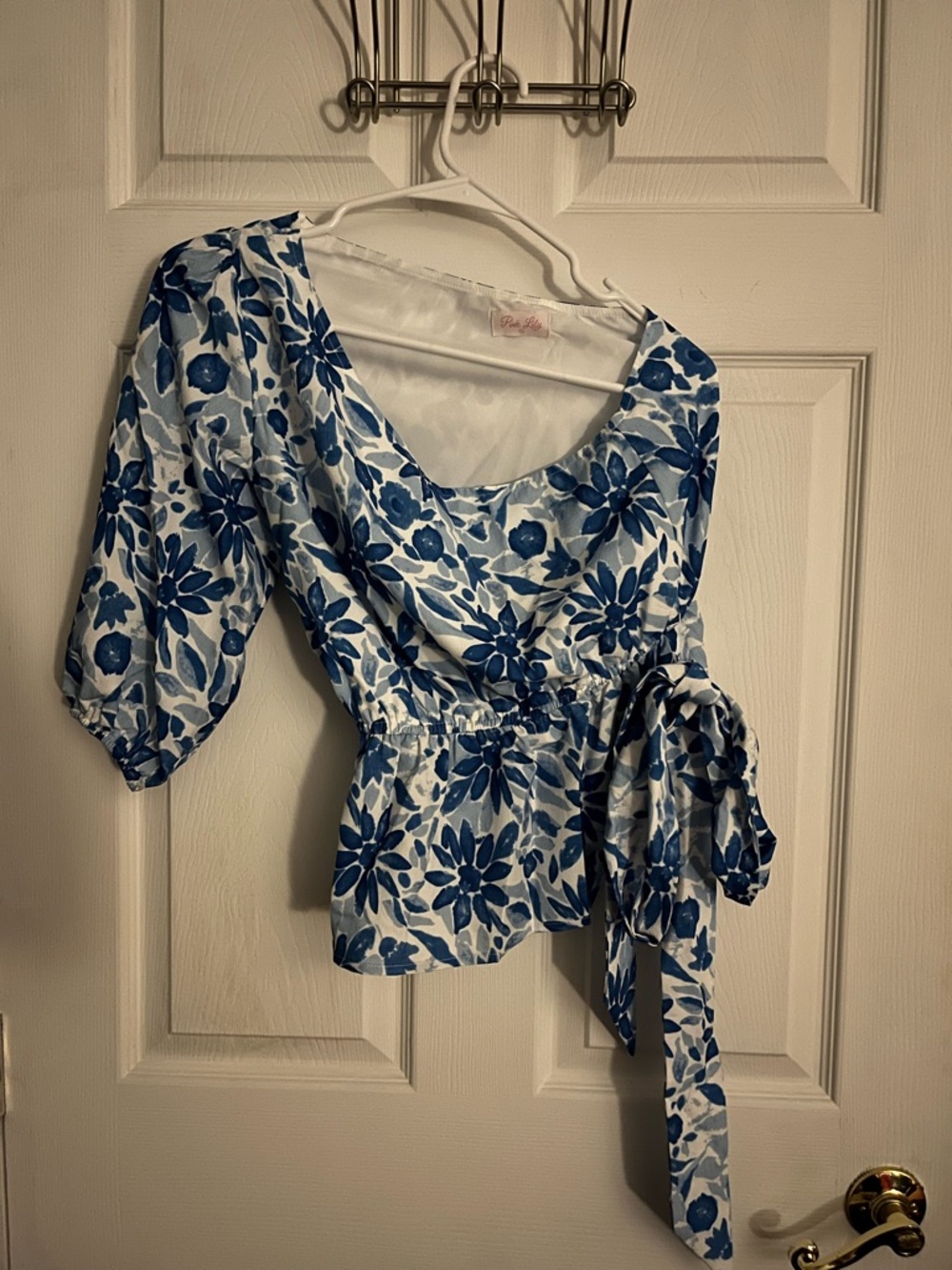 One shoulder Floral Blue Tie-Waist Women's Blouse